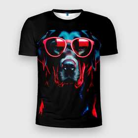 Мужская футболка 3D Slim с принтом Лабрадор в красных солнцезащитных очках в Белгороде, 100% полиэстер с улучшенными характеристиками | приталенный силуэт, круглая горловина, широкие плечи, сужается к линии бедра | 