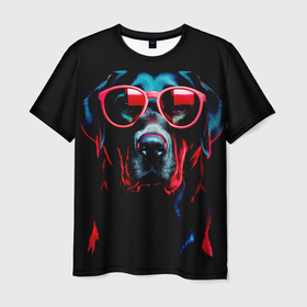 Мужская футболка 3D с принтом Лабрадор в красных солнцезащитных очках в Тюмени, 100% полиэфир | прямой крой, круглый вырез горловины, длина до линии бедер | 