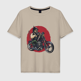 Мужская футболка хлопок Oversize с принтом Biker red sun в Белгороде, 100% хлопок | свободный крой, круглый ворот, “спинка” длиннее передней части | 