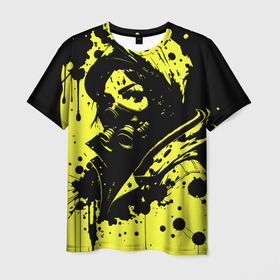 Мужская футболка 3D с принтом Девушка в респираторе и кляксы чернил в Петрозаводске, 100% полиэфир | прямой крой, круглый вырез горловины, длина до линии бедер | 
