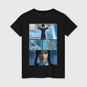 Женская футболка хлопок с принтом Уэнсдей и пираньи в Санкт-Петербурге, 100% хлопок | прямой крой, круглый вырез горловины, длина до линии бедер, слегка спущенное плечо | 