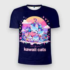 Мужская футболка 3D Slim с принтом Кавайные японские коты в Курске, 100% полиэстер с улучшенными характеристиками | приталенный силуэт, круглая горловина, широкие плечи, сужается к линии бедра | 