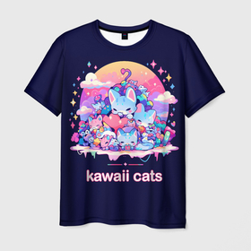 Мужская футболка 3D с принтом Кавайные японские коты в Санкт-Петербурге, 100% полиэфир | прямой крой, круглый вырез горловины, длина до линии бедер | 