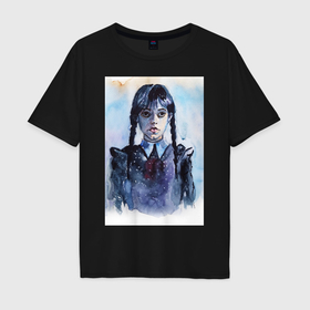 Мужская футболка хлопок Oversize с принтом Акварельный портрет Уэнсдей в Кировске, 100% хлопок | свободный крой, круглый ворот, “спинка” длиннее передней части | 