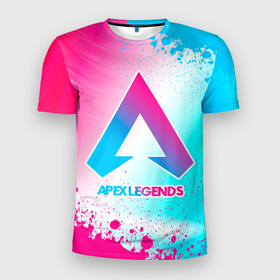 Мужская футболка 3D Slim с принтом Apex Legends neon gradient style в Петрозаводске, 100% полиэстер с улучшенными характеристиками | приталенный силуэт, круглая горловина, широкие плечи, сужается к линии бедра | 