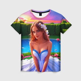 Женская футболка 3D с принтом Девушка у бассейна на закате в Белгороде, 100% полиэфир ( синтетическое хлопкоподобное полотно) | прямой крой, круглый вырез горловины, длина до линии бедер | 