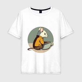 Мужская футболка хлопок Oversize с принтом Чаепитие мышонка в Тюмени, 100% хлопок | свободный крой, круглый ворот, “спинка” длиннее передней части | 