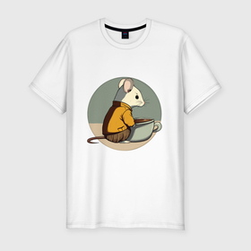 Мужская футболка хлопок Slim с принтом Чаепитие мышонка в Тюмени, 92% хлопок, 8% лайкра | приталенный силуэт, круглый вырез ворота, длина до линии бедра, короткий рукав | Тематика изображения на принте: 