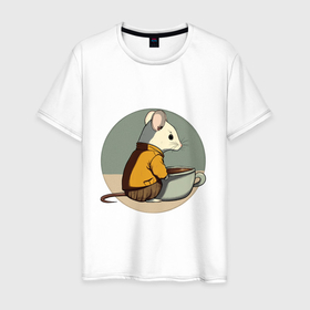 Мужская футболка хлопок с принтом Чаепитие мышонка в Тюмени, 100% хлопок | прямой крой, круглый вырез горловины, длина до линии бедер, слегка спущенное плечо. | Тематика изображения на принте: 