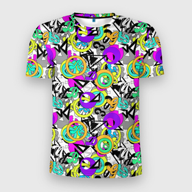 Мужская футболка 3D Slim с принтом Разноцветный узор с буквами и абстрактными фигурами в Белгороде, 100% полиэстер с улучшенными характеристиками | приталенный силуэт, круглая горловина, широкие плечи, сужается к линии бедра | Тематика изображения на принте: 