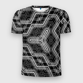 Мужская футболка 3D Slim с принтом Черно белый ассеметричный узор в Белгороде, 100% полиэстер с улучшенными характеристиками | приталенный силуэт, круглая горловина, широкие плечи, сужается к линии бедра | 