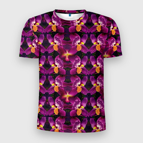 Мужская футболка 3D Slim с принтом Фиолетовая   орхидея в Тюмени, 100% полиэстер с улучшенными характеристиками | приталенный силуэт, круглая горловина, широкие плечи, сужается к линии бедра | 