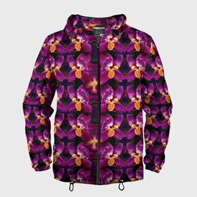 Мужская ветровка 3D с принтом Фиолетовая   орхидея в Санкт-Петербурге, 100% полиэстер | подол и капюшон оформлены резинкой с фиксаторами, два кармана без застежек по бокам, один потайной карман на груди | 