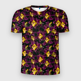 Мужская футболка 3D Slim с принтом Фиолетово желтая орхидея в Тюмени, 100% полиэстер с улучшенными характеристиками | приталенный силуэт, круглая горловина, широкие плечи, сужается к линии бедра | 
