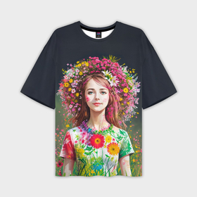 Мужская футболка oversize 3D с принтом Девушка весной в цветах в Кировске,  |  | Тематика изображения на принте: 