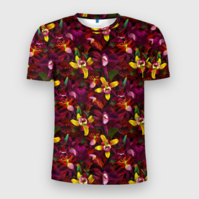 Мужская футболка 3D Slim с принтом Желтая  и фиолетовая орхидея в Курске, 100% полиэстер с улучшенными характеристиками | приталенный силуэт, круглая горловина, широкие плечи, сужается к линии бедра | 