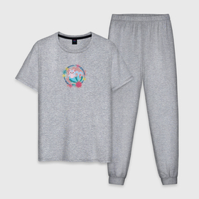 Мужская пижама хлопок с принтом Розовый кот с хвостом русалки в Тюмени, 100% хлопок | брюки и футболка прямого кроя, без карманов, на брюках мягкая резинка на поясе и по низу штанин
 | 