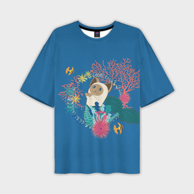 Мужская футболка oversize 3D с принтом Сиамская кошка русалка с кораллами в Санкт-Петербурге,  |  | 