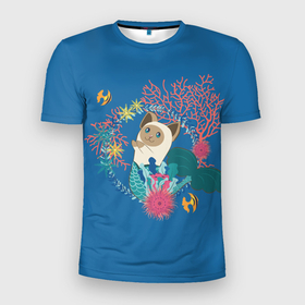 Мужская футболка 3D Slim с принтом Сиамская кошка русалка с кораллами в Новосибирске, 100% полиэстер с улучшенными характеристиками | приталенный силуэт, круглая горловина, широкие плечи, сужается к линии бедра | 
