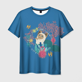 Мужская футболка 3D с принтом Сиамская кошка русалка с кораллами , 100% полиэфир | прямой крой, круглый вырез горловины, длина до линии бедер | 