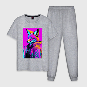 Мужская пижама хлопок с принтом Funny fox   neural network в Кировске, 100% хлопок | брюки и футболка прямого кроя, без карманов, на брюках мягкая резинка на поясе и по низу штанин
 | 