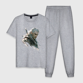 Мужская пижама хлопок с принтом Портрет Ведьмака в Курске, 100% хлопок | брюки и футболка прямого кроя, без карманов, на брюках мягкая резинка на поясе и по низу штанин
 | 