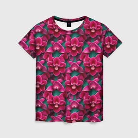 Женская футболка 3D с принтом Объемная розовая орхидея в Тюмени, 100% полиэфир ( синтетическое хлопкоподобное полотно) | прямой крой, круглый вырез горловины, длина до линии бедер | 