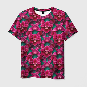 Мужская футболка 3D с принтом Объемная розовая орхидея в Тюмени, 100% полиэфир | прямой крой, круглый вырез горловины, длина до линии бедер | 