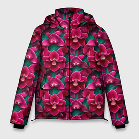 Мужская зимняя куртка 3D с принтом Объемная розовая орхидея в Тюмени, верх — 100% полиэстер; подкладка — 100% полиэстер; утеплитель — 100% полиэстер | длина ниже бедра, свободный силуэт Оверсайз. Есть воротник-стойка, отстегивающийся капюшон и ветрозащитная планка. 

Боковые карманы с листочкой на кнопках и внутренний карман на молнии. | 