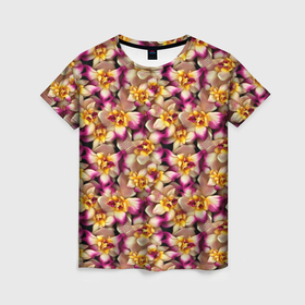 Женская футболка 3D с принтом Золотая орхидея в Тюмени, 100% полиэфир ( синтетическое хлопкоподобное полотно) | прямой крой, круглый вырез горловины, длина до линии бедер | 