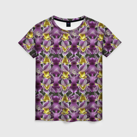 Женская футболка 3D с принтом Фиолетовая и золотая орхидея в Курске, 100% полиэфир ( синтетическое хлопкоподобное полотно) | прямой крой, круглый вырез горловины, длина до линии бедер | 