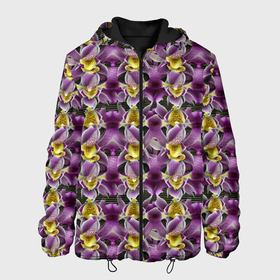 Мужская куртка 3D с принтом Фиолетовая и золотая орхидея в Тюмени, ткань верха — 100% полиэстер, подклад — флис | прямой крой, подол и капюшон оформлены резинкой с фиксаторами, два кармана без застежек по бокам, один большой потайной карман на груди. Карман на груди застегивается на липучку | 