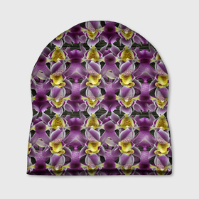 Шапка 3D с принтом Фиолетовая и золотая орхидея в Тюмени, 100% полиэстер | универсальный размер, печать по всей поверхности изделия | 