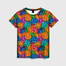 Женская футболка 3D с принтом Объемные цветочки разных цветов в Санкт-Петербурге, 100% полиэфир ( синтетическое хлопкоподобное полотно) | прямой крой, круглый вырез горловины, длина до линии бедер | 