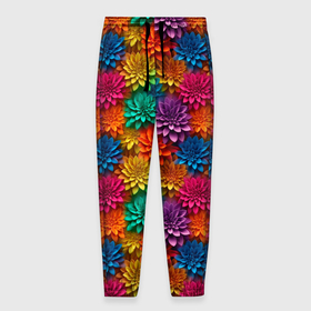 Мужские брюки 3D с принтом Объемные разноцветные   цветочки в Курске, 100% полиэстер | манжеты по низу, эластичный пояс регулируется шнурком, по бокам два кармана без застежек, внутренняя часть кармана из мелкой сетки | 