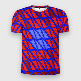Мужская футболка 3D Slim с принтом Ретро молнии красно синие в Петрозаводске, 100% полиэстер с улучшенными характеристиками | приталенный силуэт, круглая горловина, широкие плечи, сужается к линии бедра | Тематика изображения на принте: 