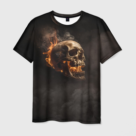 Мужская футболка 3D с принтом Горящий череп в дыму в Белгороде, 100% полиэфир | прямой крой, круглый вырез горловины, длина до линии бедер | Тематика изображения на принте: 