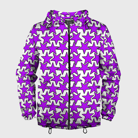 Мужская ветровка 3D с принтом Ретро звёзды фиолетовые в Санкт-Петербурге, 100% полиэстер | подол и капюшон оформлены резинкой с фиксаторами, два кармана без застежек по бокам, один потайной карман на груди | 