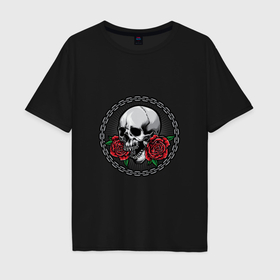 Мужская футболка хлопок Oversize с принтом Готический череп с розами в Курске, 100% хлопок | свободный крой, круглый ворот, “спинка” длиннее передней части | 