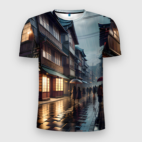 Мужская футболка 3D Slim с принтом Токио в дожде в Тюмени, 100% полиэстер с улучшенными характеристиками | приталенный силуэт, круглая горловина, широкие плечи, сужается к линии бедра | 