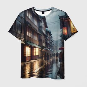 Мужская футболка 3D с принтом Токио в дожде в Петрозаводске, 100% полиэфир | прямой крой, круглый вырез горловины, длина до линии бедер | 