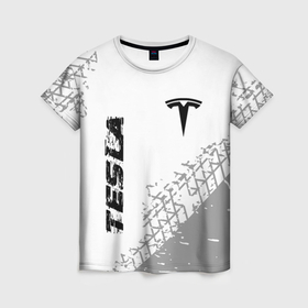 Женская футболка 3D с принтом Tesla speed на светлом фоне со следами шин: надпись, символ в Петрозаводске, 100% полиэфир ( синтетическое хлопкоподобное полотно) | прямой крой, круглый вырез горловины, длина до линии бедер | 