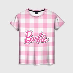 Женская футболка 3D с принтом Барби лого розовая клетка в Кировске, 100% полиэфир ( синтетическое хлопкоподобное полотно) | прямой крой, круглый вырез горловины, длина до линии бедер | 