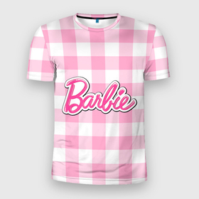 Мужская футболка 3D Slim с принтом Барби лого розовая клетка в Тюмени, 100% полиэстер с улучшенными характеристиками | приталенный силуэт, круглая горловина, широкие плечи, сужается к линии бедра | 