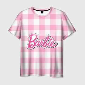 Мужская футболка 3D с принтом Барби лого розовая клетка в Кировске, 100% полиэфир | прямой крой, круглый вырез горловины, длина до линии бедер | 