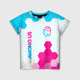 Детская футболка 3D с принтом Among Us neon gradient style: надпись, символ в Белгороде, 100% гипоаллергенный полиэфир | прямой крой, круглый вырез горловины, длина до линии бедер, чуть спущенное плечо, ткань немного тянется | 