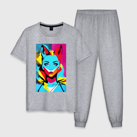 Мужская пижама хлопок с принтом Fox girl   pop art   neural network в Курске, 100% хлопок | брюки и футболка прямого кроя, без карманов, на брюках мягкая резинка на поясе и по низу штанин
 | 