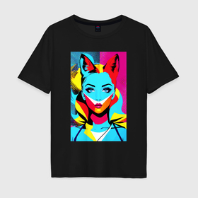 Мужская футболка хлопок Oversize с принтом Fox girl   pop art   neural network в Курске, 100% хлопок | свободный крой, круглый ворот, “спинка” длиннее передней части | 