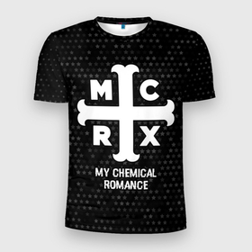 Мужская футболка 3D Slim с принтом My Chemical Romance glitch на темном фоне в Екатеринбурге, 100% полиэстер с улучшенными характеристиками | приталенный силуэт, круглая горловина, широкие плечи, сужается к линии бедра | 