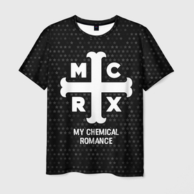 Мужская футболка 3D с принтом My Chemical Romance glitch на темном фоне , 100% полиэфир | прямой крой, круглый вырез горловины, длина до линии бедер | 